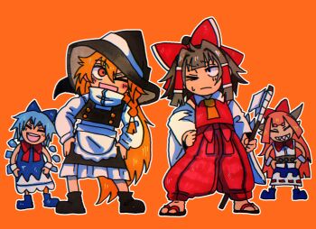 4girls ;d absurdres adapted_costume apron ascot black_eyes black_shoes black_skirt black_vest blonde_hair blue_bow blue_dress blue_hair blue_shoes blush_stickers bow bowtie braid brown_hair brown_horns cirno closed_eyes detached_sleeves dress gohei grin hair_bow hair_tubes hakama hakama_pants hakurei_reimu hand_on_own_hip hands_on_own_hips highres holding holding_gohei horns ibuki_suika ice ice_wings inuyama_konan japanese_clothes kirisame_marisa large_bow long_hair medium_hair multiple_girls one_eye_closed oni open_mouth orange_ascot orange_background orange_eyes orange_hair outline pants pointy_ears red_bow red_shirt sandals sharp_teeth shirt shoes simple_background single_braid skirt small_sweatdrop smile teeth thick_eyebrows touhou very_long_hair vest waist_apron white_outline white_shirt wings