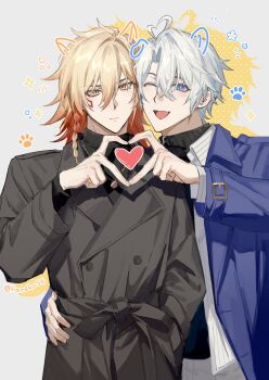 2boys akabane_yu alternate_costume antenna_hair arm_around_waist black_coat black_sweater blonde_hair blue_coat blue_eyes braid chinese_commentary coat collared_shirt commentary_request drawn_ears facial_tattoo gradient_hair half-heart_hands hand_on_another&#039;s_hip heart heart_hands heart_hands_duo highres honkai:_star_rail honkai_(series) male_focus medium_hair multicolored_hair multiple_boys mydei_(honkai:_star_rail) official_alternate_costume one_eye_closed open_clothes open_coat open_shirt parted_bangs phainon_(honkai:_star_rail) phainon_(luckin_coffee)_(honkai:_star_rail) red_hair red_tattoo shirt short_hair side_braid sweater tattoo turtleneck turtleneck_sweater white_hair white_shirt yaoi yellow_eyes