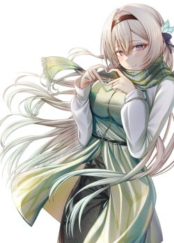 1girl absurdres belt black_belt black_pants black_ribbon blush brown_hairband closed_mouth commentary_request finger_heart firefly_(honkai:_star_rail) gradient_eyes gradient_hair green_jacket green_pupils green_scarf grey_hair hair_between_eyes hair_intakes hair_ornament hair_ribbon hairband hatsukyo highres honkai:_star_rail honkai_(series) jacket long_hair multicolored_eyes multicolored_hair pants plaid_clothes plaid_scarf ribbon scarf simple_background smile solo white_background
