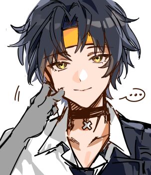 ... 1boy 1other asaba_harumasa black_choker black_hair black_necktie cheek_pinching choker closed_mouth collarbone commentary_request headband highres kyo_uuuka looking_at_viewer male_focus motion_lines necktie parted_bangs pendant_choker pinching portrait shirt short_hair simple_background smile solo_focus spoken_ellipsis white_background white_shirt yellow_eyes yellow_headband zenless_zone_zero