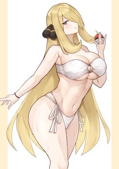 1girl absurdres bikini blonde_hair blush breasts cleavage closed_mouth cynthia_(pokemon) hair_ornament hair_over_one_eye highres large_breasts long_hair looking_at_viewer navel nintendo poke_ball pokemon pokemon_dppt smile solo swimsuit very_long_hair yotsuha_uni