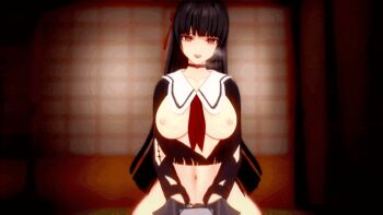 1boy 1girl 3d ahegao animated animated_gif black_hair black_serafuku blinking bottomless bouncing_breasts breasts breasts_out breath chisa_(wuthering_waves) choker closed_eyes collarbone cowgirl_position cum cum_in_pussy cum_overflow ejaculation eyebrows_hidden_by_hair eyelashes female_ejaculation from_below girl_on_top hair_ribbon half-closed_eyes hands_on_another's_chest hetero hime_cut indoors large_breasts long_hair long_sleeves looking_at_viewer male_rover_(wuthering_waves) navel neckerchief nipples one_eye_closed open_clothes open_mouth open_shirt pov raised_eyebrows red_eyes red_neckerchief red_ribbon ribbon riding rover_(wuthering_waves) sailor_collar school_uniform serafuku shinaosumata sliding_doors smile straddling thick_thighs thigh_strap thighs tongue torn_clothes very_long_hair vignetting wide_hips wuthering_waves