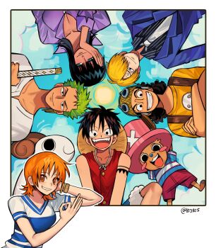 2025 2girls 5boys antlers bangle black_hair blonde_hair blue_sky blue_suit blunt_bangs blush_stickers bracelet clenched_teeth cloud cloudy_sky collared_shirt commentary_request cross crossed_arms curly_eyebrows curly_hair going_merry green_hair hair_over_one_eye hat highres horns jewelry ki2ri5 long_nose looking_at_viewer medium_hair monkey_d._luffy multiple_boys multiple_girls nami_(one_piece) nami_(one_piece)_(east_blue) necktie nico_robin nico_robin_(alabasta) ok_sign one_piece open_mouth orange_eyes orange_hair pinstripe_pattern pinstripe_shirt purple_shirt red_shirt reindeer_antlers roronoa_zoro sanji_(one_piece) shirt short_hair sky sleeveless sleeveless_shirt smile straw_hat straw_hat_pirates suit sun teeth tony_tony_chopper twitter_username usopp white_necktie