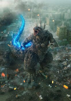 3d building city claws day debris destruction dinosaur dust embers epic facial_scar fire from_above from_behind giant giant_monster glowing glowing_spikes godzilla godzilla_(series) godzilla_minus_one highres kaiju looking_at_viewer looking_up monster no_humans official_art open_mouth otani_kimito power_lines promotional_art rubble ruins scar scar_on_cheek scar_on_face sea_monster sharp_teeth smoke spikes tail teeth toho