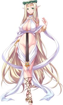 1girl armlet blonde_hair bracelet breasts celestine_lucullus collarbone earrings elf female_focus full_body game_cg green_eyes groin highres hikage_eiji jewelry kuroinu_gaiden_~in&#039;yoku_ni_oboreta_shouki-tachi_no_monogatari~ kuroinu_~kedakaki_seijo_wa_hakudaku_ni_somaru~ large_breasts legs_together liquid_(company) long_hair long_pointy_ears looking_at_viewer lots_of_jewelry no_bra no_panties official_art pointy_ears revealing_clothes simple_background solo standing toes very_long_hair