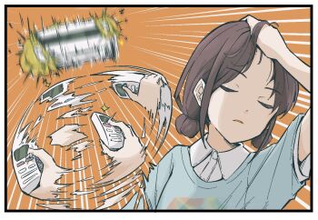 1girl afterimage air_conditioner blue_shirt border brown_hair closed_eyes collared_shirt commentary_request controller double_bun emphasis_lines fj5fq88gsv84580 girls_band_cry hair_bun hand_in_own_hair holding iseri_nina meme motion_blur motion_lines naoya_hitting_choso_without_looking_(meme) orange_background parted_lips shirt short_sleeves solo sparkle speed_lines throwing upper_body white_shirt