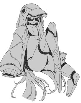 1girl animal_hood bikini bow breasts choker fate/grand_order fate_(series) greyscale hood hood_up jacket long_hair long_sleeves meltryllis meltryllis_(fate) meltryllis_(swimsuit_lancer)_(fate) meltryllis_(swimsuit_lancer)_(first_ascension)_(fate) minew monochrome penguin_hood pout prosthesis prosthetic_leg sitting sleeves_past_fingers sleeves_past_wrists small_breasts solo sunglasses swimsuit very_long_hair