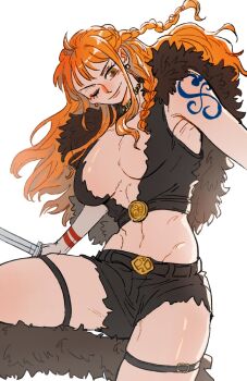 1girl armpit_crease belt belt_buckle braid breasts brown_capelet brown_eyes buckle capelet cleavage closed_mouth commentary cowboy_shot crop_top earrings floating_hair fur_capelet highres holding holding_sword holding_weapon jewelry large_breasts leg_up leg_warmers long_hair looking_at_viewer mcbuckwheat midriff nami_(one_piece) navel official_alternate_costume one_eye_closed one_piece orange_hair pearl_earrings shoulder_tattoo sidelocks smile solo sword symbol-only_commentary tattoo thigh_strap wavy_hair weapon white_background