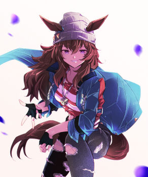 1girl animal_ears beanie black_gloves blue_coat breasts brown_hair coat commentary denim dice dice_necklace dice_pendant domdam80 ears_through_headwear facial_mark fingerless_gloves gloves grey_hat hair_between_eyes hat highres horse_ears horse_girl horse_tail jacket jeans jewelry long_hair long_sleeves looking_at_viewer nakayama_festa_(shichuukyuukatsu)_(umamusume) nakayama_festa_(umamusume) necklace pants parted_lips purple_eyes shirt smile star_(symbol) star_facial_mark striped_clothes striped_shirt symbol-only_commentary tail torn_clothes torn_jeans torn_pants torn_shirt umamusume w