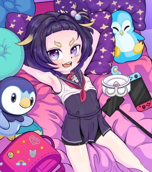 1girl backpack bag bed bike_shorts bird black_hair blonde_hair blush cellphone collar dress female flat_chest gen_4_pokemon hat highres hunneychu indie_virtual_youtuber loli lying mesugaki multicolored_hair nintendo nintendo_switch nymphedahlia on_back on_bed open_mouth pacifier penguin phone pillow piplup pokemon purple_eyes randoseru sailor_collar sailor_dress sailor_hat selfie_stick short_hair stuffed_animal stuffed_toy thighs two-tone_hair virtual_youtuber