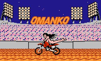 1girl audience barefoot black_eyes black_hair breasts crowd konami large_breasts long_hair looking_at_viewer lying motocross_champion motor_vehicle motorcycle night nude one_eye_closed pixel_art riding saiwai_hiroshi sign sky stadium star_(sky) starry_sky wink