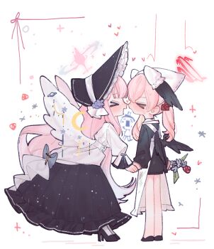 !? &gt;_&lt; 1boy 2girls apron black_footwear black_wings blue_archive bonnet closed_eyes flower from_side halo head_wings heart high_heels holding holding_flower holding_hands koharu_(blue_archive) long_hair long_sleeves mika_(blue_archive) multiple_girls nagakiras2 noses_touching open_mouth pink_hair sensei_(blue_archive) shoes simple_background sweat very_long_hair white_apron white_wings wing_ornament wings yuri