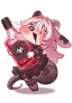 +_+ 1girl akuma_(st.takuma) black_eyes black_horns black_mouth black_saliva black_shirt black_skirt black_tail black_thighhighs blush bottle commentary_request drooling earclip femme_soule glass_bottle gloves hair_intakes highres holding holding_bottle horns long_hair long_sleeves mismatched_pupils multicolored_hair open_mouth pink_eyes pink_hair pukey_goddess_shot_trick shirt simple_background skirt smile solo streaked_hair thighhighs thighs two-tone_hair white_background white_gloves