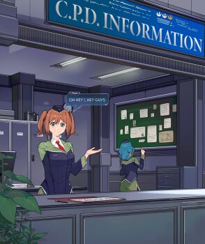 2girls ao_no_kiseki blue_eyes bob_cut cesar_art456 closed_mouth commentary commission double-parted_bangs eiyuu_densetsu english_commentary english_text fran_seeker hair_between_eyes hat highres looking_at_viewer multiple_girls necktie plant police police_hat police_uniform policewoman red_necktie second-party_source smile speech_bubble twintails zero_no_kiseki