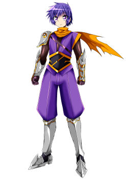 1boy akiyama_tatsurou armor armored_boots blue_hair boots full_body gauntlets gloves highres ninja orange_scarf purple_eyes scarf shoulder_armor taimanin_(series) taimanin_suit taimanin_yukikaze zesuto