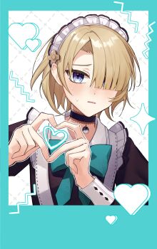 1boy apron aqua_bow aqua_bowtie blonde_hair blue_eyes blush bow bowtie crossdressing crossdressing_(mtf) freminet_(genshin_impact) frilled_apron frills genshin_impact hair_over_one_eye highres maid maid_apron maid_headdress male_focus short_hair solo white_apron ymdm0826