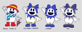 blue_scarf commentary demon_(megami_tensei) duckpasta_flo english_commentary evolution fangs gloves grey_background hand_up hat jack_frost_(megami_tensei) male_focus megami_tensei_ii open_mouth scarf shin_megami_tensei simple_background smile smiley_face solo