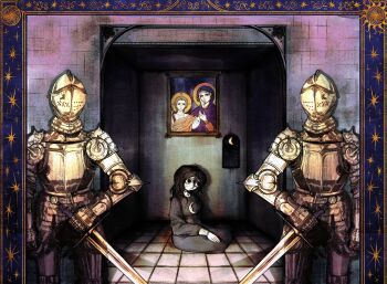 1girl 2boys absurdres black_dress black_eyes black_hair blue_border border borrowed_character canvas_texture christianity commentary commission crescent crimescenepartz cross cross_necklace dark_room dress english_commentary faux_traditional_media guard hair_between_eyes highres holding holding_hands holding_sword holding_weapon icon_(religion) indoors jesus jewelry knight long_hair looking_to_the_side multiple_boys necklace original ornate_border orthodox_cross painting_(object) sitting standing stitched_face stitches sun_symbol sword the_bible tile_floor tiles virgin_mary weapon yokozuwari