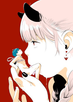 1boy 1girl black_horns black_nails blue_hair braid chipokan commentary_request cum cum_on_body cum_on_hands earrings fellatio fingernails heart heart_earrings hetero highres horns jewelry licking medium_hair mini_person miniboy nail_polish oral original paid_reward_available pink_hair red_background red_eyes short_hair simple_background twin_braids