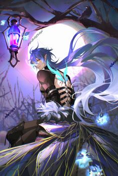 1boy absurdres backless_outfit branch flins_(genshin_impact) full_moon genshin_impact highres lantern long_hair moon multicolored_hair ngkhyn open_clothes smile tree watermark wings yellow_eyes