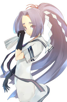 1girl black_gloves closed_mouth commentary_request dress elbow_gloves from_side gloves hair_ribbon hand_fan hatsuharu_(kancolle) kantai_collection long_hair looking_at_viewer onbr pink_eyes ponytail purple_hair red_ribbon ribbon sailor_collar sailor_dress short_sleeves simple_background solo very_long_hair white_background white_dress white_sailor_collar