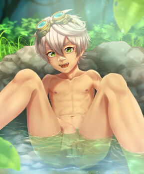 1boy bandaid bandaid_on_face bandaid_on_nose bennett_(genshin_impact) completely_nude covering_crotch covering_privates feet_out_of_frame genshin_impact goggles goggles_on_head green_eyes grey_hair hair_between_eyes highres looking_at_viewer male_focus navel nipples nude open_mouth outdoors partially_submerged redkeji scar scar_on_arm shota solo spread_legs water wet