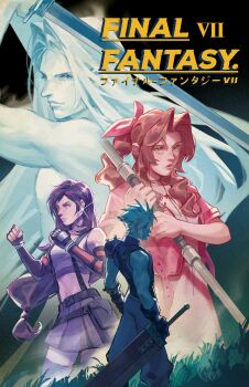 2boys 2girls absurdres aerith_gainsborough armor armored_gloves baggy_pants bare_shoulders black_bra black_gloves black_hair black_thighhighs blonde_hair bra braid braided_ponytail breasts brown_hair buster_sword choker clenched_hands cloud_strife copyright_name cowboy_shot crop_top cropped_jacket dress earrings elbow_gloves fighting_stance final_fantasy final_fantasy_vii final_fantasy_vii_remake fingerless_gloves flower_choker gloves green_eyes grey_hair hair_ribbon highres holding holding_staff holding_sword holding_weapon jacket jewelry long_dress long_hair low-tied_long_hair masamune_(ff7) medium_breasts midriff miniskirt multiple_boys multiple_girls pants parted_bangs pauldrons pink_dress pink_ribbon red_eyes red_jacket ribbon sephiroth shirt short_hair short_sleeves shoulder_armor sidelocks single_braid single_pauldron skirt sleeveless sleeveless_turtleneck sparkle spiked_hair sports_bra staff suspenders sword thighhighs tifa_lockhart topless_male turtleneck underwear weapon white_shirt yukinnn