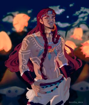 1boy abs absurdres bare_shoulders blue_eyes blue_headband blue_sky blurry blurry_background bodypaint bracer character_request cloud commentary cowboy_shot day dorothy_dora english_commentary facepaint feather_necklace flower glowing hands_on_own_hips happy headband highres infinity_nikki jewelry large_pectorals lips long_hair male_focus mushroom necklace nikki_(series) nipples open_mouth orange_flower outdoors pants pectorals red_hair shroomling_(infinity_nikki) signature sky solo standing teeth thick_eyebrows toned toned_male topless_male very_long_hair white_pants