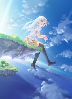 1girl blue_hair cliff cloud day female_focus floating_island long_hair nature ocean original outdoors scenery sky solo takoyaki_(roast) thighhighs water yellow_eyes