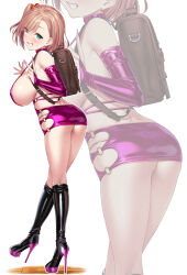 Rule 34 | 1girl, aqua eyes, ass, backpack, bag, black footwear, blush, bodycon, boots, breasts, bridal gauntlets, brown bag, commentary request, earrings, full body, hair bobbles, hair ornament, high heel boots, high heels, highres, huge breasts, jewelry, knee boots, light brown hair, looking at viewer, looking back, medium hair, multiple views, original, purple nails, satou kuuki, simple background, smile, standing, standing on one leg, swept bangs, teeth, thighs, v, white background