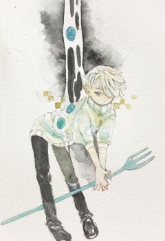 Rule 34 | 1boy, absurdres, acrylic paint (medium), blonde hair, boots, commentary request, fantasy, fork, full body, hair over one eye, highres, holding, holding fork, karintoun, long sleeves, looking at viewer, looking down, original, painting (medium), short hair, signature, simple background, standing, straight-on, sweater, traditional media, watercolor (medium)