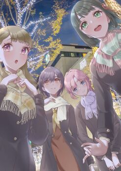 4girls absurdres anyoji_hime black_coat black_ribbon blue_eyes blunt_bangs blunt_ends bob_cut breasts briefcase brown_dress brown_hair coat commentary_request cowboy_shot dress green_eyes green_hair green_scarf hair_ornament hair_ribbon hasu_no_shousankaku hasu_no_sora_school_uniform highres holding holding_briefcase ishikawa_prefecture jellyfish_cut kachimachi_kosuzu kanazawa_(city) katsuragi_izumi kobassy link!_like!_love_live! long_hair long_sleeves love_live! medium_breasts momose_ginko multi-tied_hair multiple_girls neckerchief night open_clothes open_coat orange_eyes outdoors photo_background pink_eyes pink_hair plaid_clothes plaid_scarf ponytail purple_scarf red_scarf ribbon sailor_collar sailor_dress scarf school_briefcase school_uniform short_hair slit_pupils striped_clothes striped_scarf triangle_hair_ornament two-tone_scarf virtual_youtuber white_sailor_collar white_scarf winter_uniform yellow_neckerchief yellow_scarf