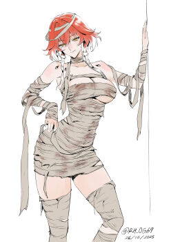 1girl alternate_hair_length alternate_hairstyle bare_shoulders body_markings braid breasts changli_(wuthering_waves) closed_mouth collarbone commentary dated dress english_commentary hair_between_eyes hand_on_wall highres large_breasts light_blush looking_at_viewer multicolored_hair mummy_costume orange_hair rh_og69 ring_hair_ornament short_hair smile solo thighs twin_braids twitter_username two-tone_hair white_hair wuthering_waves yellow_eyes