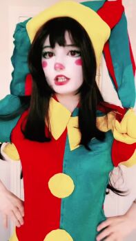 Rule 34 | 1girl, animated, ass, ass focus, ass shake, audible speech, back, black hair, cosplay, hand on own ass, hands on own ass, hat, indoors, jester cap, long hair, looking at viewer, makeup, oiled, panties, pomni (the amazing digital circus), pomni (the amazing digital circus) (cosplay), real life, red panties, rynkerbellee, shiny skin, sitting, sound, spanked, spanking self, standing, tagme, teeth, the amazing digital circus, thong, twerking, underwear, video