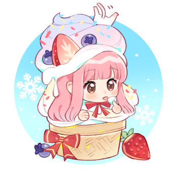 1girl artist_request blue_background blunt_bangs border bow brown_eyes cat chibi dot_nose eating eyelashes food ice_cream ice_cream_cone in_food light_blush long_hair momo_(nikki) motion_lines nikki_(nikki) nikki_(series) official_art open_mouth outside_border pink_hair red_bow round_border second-party_source shining_nikki snowflakes snowing sprinkles tareme tongue white_border white_cat