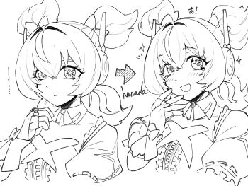 Rule 34 | 1girl, arrow (symbol), artist name, blush, bridal gauntlets, center frills, closed mouth, collarbone, commentary request, cropped torso, crossed bangs, detached collar, detached sleeves, dress, fingerless gloves, frilled sleeves, frills, gloves, greyscale, hair between eyes, hanada (cobalt003), hand up, highres, looking at viewer, monochrome, multiple views, open mouth, simple background, sparkle, sparkling eyes, white background, white dress, yutane johiel, zenless zone zero