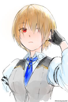 1girl absurdres black_gloves blonde_hair blue_necktie closed_mouth collared_shirt commentary_request earclip frown gloves grey_vest hair_between_eyes hair_over_one_eye hand_up heaven_burns_red highres jewelry juliet_sleeves kayamori_ruka long_bangs long_sleeves necklace necktie oyama_sou puffy_sleeves red_eyes shirt short_hair simple_background sketch solo twitter_username upper_body vest white_background white_shirt