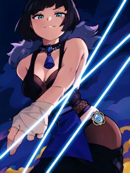 1girl black_hair blue_dress breasts cleavage diagonal_bangs dress fur_scarf genshin_impact green_eyes grin hand_wraps highres hydro_symbol_(genshin_impact) incoming_attack jewelry looking_at_viewer medium_breasts necklace night pantyhose short_hair sleeveless sleeveless_dress smile solo someone_(someone199912) wire yelan_(genshin_impact)