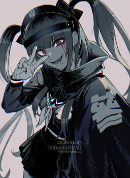 1girl amemiya_darumi bow cloak commentary dated english_commentary eyeliner face_piercing greyscale grin hair_bow hand_up happy_birthday headgear highres hole_in_chest hole_on_body last_defense_academy_school_uniform long_hair loveturtle2 lower_teeth_only makeup monochrome multicolored_hair neckerchief open_mouth piercing pink_pupils red_eyeliner roots_(hair) school_uniform serafuku skirt smile solo spot_color teeth the_hundred_line_-last_defense_academy- twintails twitter_username v v_over_eye