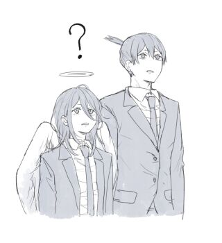 Rule 34 | 2boys, ?, angel devil (chainsaw man), angel wings, chainsaw man, collared shirt, commentary request, earrings, greyscale, hair between eyes, halo, hayakawa aki, height difference, highres, jacket, jewelry, long hair, looking up, male focus, monochrome, multiple boys, necktie, no nose, open clothes, open jacket, rigeshita, shirt, short hair, simple background, suit jacket, topknot, white background, wings