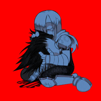 1boy 1other armor beeeelzy blood blood_on_face bodysuit cable cape closed_eyes deltarune disembodied_head hand_on_another's_head highres holding_detached_head injury kris_(dark_world)_(deltarune) kris_(deltarune) red_background short_hair simple_background smile spamton_g._spamton spamton_neo torn_cape torn_clothes utdr_(toby_fox) wire