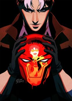 1boy batman_(series) black_bodysuit black_gloves black_hair bodysuit brown_jacket commentary dc_comics domino_mask eileen_widjaja english_commentary eye_mask gloves grey_bodysuit highres jacket jason_todd male_focus mask multicolored_bodysuit muscular muscular_male open_clothes red_hood_(dc) red_hood_and_the_outlaws red_mask robin_(dc) short_hair superhero_costume taut_bodysuit two-tone_bodysuit