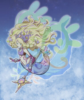 1girl absurdres aqua_eyes armor bare_shoulders big_hair blonde_hair blue_skirt body_markings braid breasts closed_mouth collar collarbone colored_extremities commentary_request dress duel_monster faulds floating_hair full_body green_hair grey_collar headgear highres holding holding_staff kawa_iruka long_hair looking_at_viewer mermaid midriff monster_girl multicolored_hair navel purple_dress purple_hands purple_sports_bra reeshaddoll_wendikurhu side_braids sidelocks skirt small_breasts solo sparkle sports_bra staff streaked_hair swept_bangs tail tail_ornament vambraces very_long_hair yu-gi-oh!