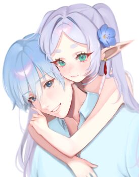 1boy 1girl absurdres arms_around_neck artist_name blue_eyes blue_flower blue_hair blue_shirt closed_mouth collared_shirt commentary couple earrings english_commentary floating_earrings flower frieren green_eyes grey_hair grin hair_flower hair_ornament happy hetero highres himmel_(sousou_no_frieren) jewelry loltinami long_hair looking_at_viewer mole mole_under_eye pointy_ears shirt short_hair simple_background smile sousou_no_frieren teardrop_earrings upper_body very_short_hair watermark white_background