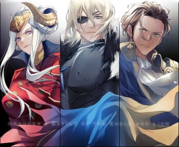 Rule 34 | 1girl, 2boys, armor, black armor, blue cape, blue eyes, breasts, brown hair, cape, claude von riegan, claude von riegan (timeskip), closed mouth, dimitri alexandre blaiddyd, dimitri alexandre blaiddyd (timeskip), edelgard von hresvelg, edelgard von hresvelg (timeskip), eyepatch, fire emblem, fire emblem: three houses, frown, gold armor, highres, large breasts, long sideburns, looking at viewer, multiple boys, nintendo, purple eyes, red armor, red cape, serious, short hair, sideburns, white hair, yellow cape, zat 296