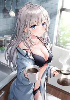 1girl bare_shoulders black_bra black_panties blue_eyes bra breasts cleavage coffee coffee_pot collarbone commentary_request cowboy_shot cup day grey_hair higeneko highres holding indoors jacket long_hair long_sleeves looking_at_viewer medium_breasts navel off_shoulder open_clothes open_jacket original panties parted_lips sidelocks solo spaghetti_strap standing steam stomach strap_slip underwear white_jacket