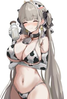 Rule 34 | 1girl, alternate costume, animal ear hairband, animal ears, animal print, azur lane, bell, black collar, bottle, closed eyes, closed mouth, collar, cow print, cow print bikini, cow print gloves, earrings, fake animal ears, female focus, formidable (azur lane), gloves, grey hair, hair ornament, hair ribbon, hairband, hand up, holding, holding bottle, horns, jewelry, lactation, lactation through clothes, long glove, long hair, milk, milk bottle, navel, piercing, print bikini, print gloves, ribbon, stomach, sweatdrop, twintails, white background