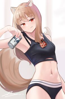 1girl absurdres alternate_costume animal_ear_fluff animal_ears asahi_breweries bare_shoulders beer_can black_bra black_panties blunt_bangs bra brand_name_imitation breasts brown_hair can commentary contemporary cowboy_shot drink_can english_commentary fang hand_up highres holding holding_can holo long_hair looking_at_viewer midriff multi-strapped_bra navel panties penguin_sensei_(artist) pouch red_eyes signature simple_background small_breasts smirk smug solo spice_and_wolf split_mouth sports_bra sports_panties sportswear stomach tail tail_raised tsurime underwear white_background wolf_ears wolf_girl wolf_tail