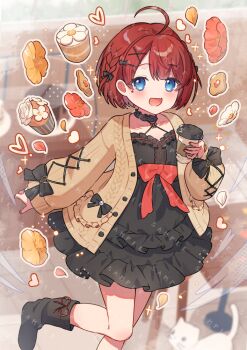 1girl :d ahoge black_boots black_bow black_choker black_dress black_ribbon blue_eyes blush boots bow brown_cardigan cardigan chest_bow choker collarbone commentary_request commission cowboy_shot cup cupcake disposable_coffee_cup disposable_cup dress facial_mark fang fashion flower flower_facial_mark flower_symbol food frilled_choker frills hair_ornament hair_ribbon hairclip hanasaki_kureha holding holding_cup indie_virtual_youtuber long_sleeves looking_at_viewer open_cardigan open_clothes open_mouth red_bow red_hair ribbon sample_watermark short_hair skeb_commission skin_fang sleeve_bow smile solo tsukumi_bis virtual_youtuber watermark x_hair_ornament