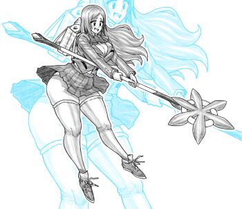 01leteo backpack bag bleach bleach:_sennen_kessen-hen breasts commentary english_commentary fortnite full_body hair_ornament holding holding_weapon inoue_orihime karakura_high_school_uniform large_breasts long_hair school_uniform shoes simple_background snowflake_hair_ornament staff thighhighs thighs weapon white_background white_thighhighs